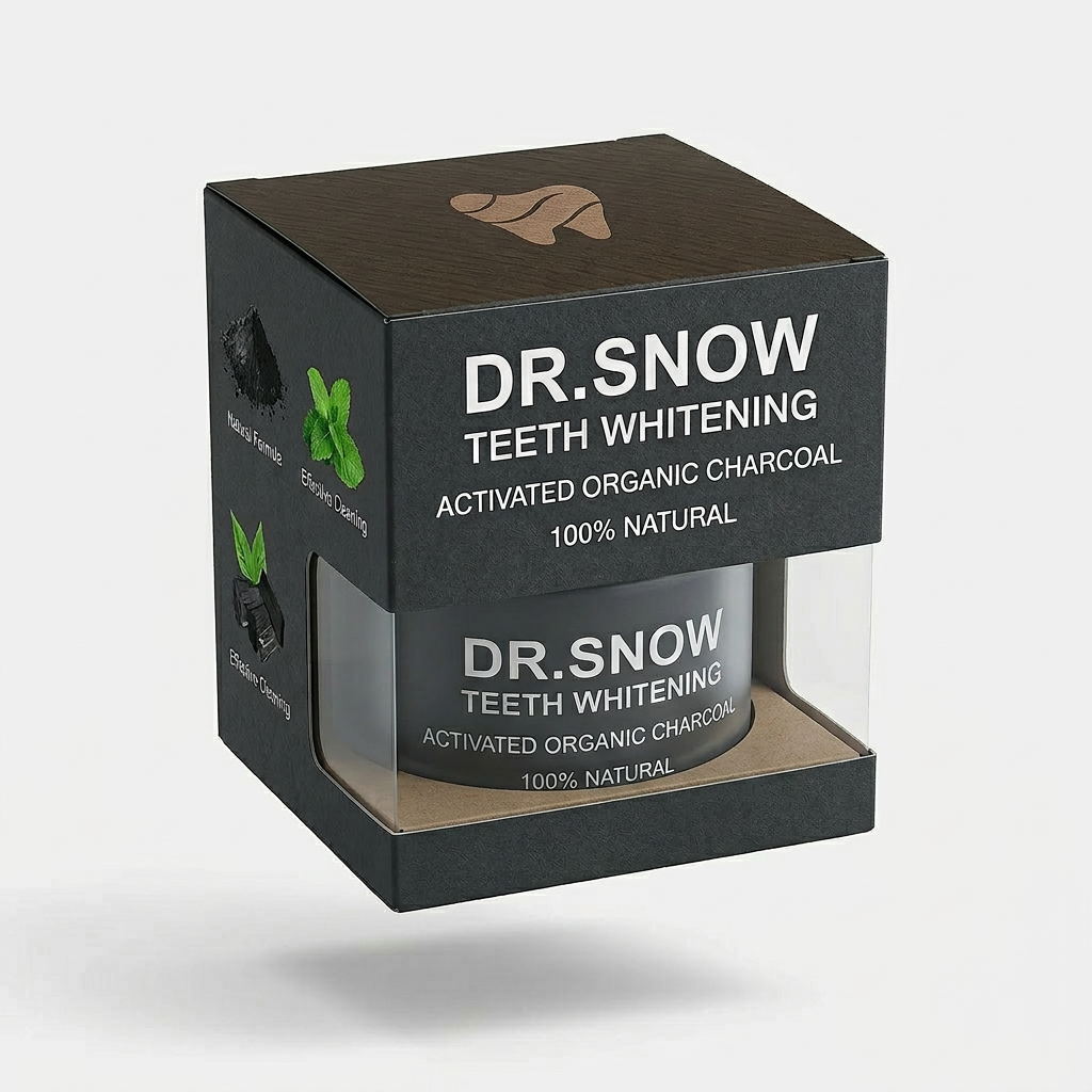 Dr. Snow teeth whitening charcoal packaging on a white background